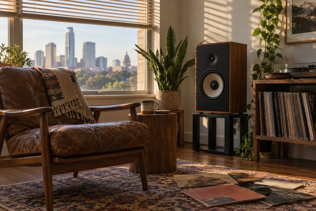 A speaker and chair in a quiet listening room