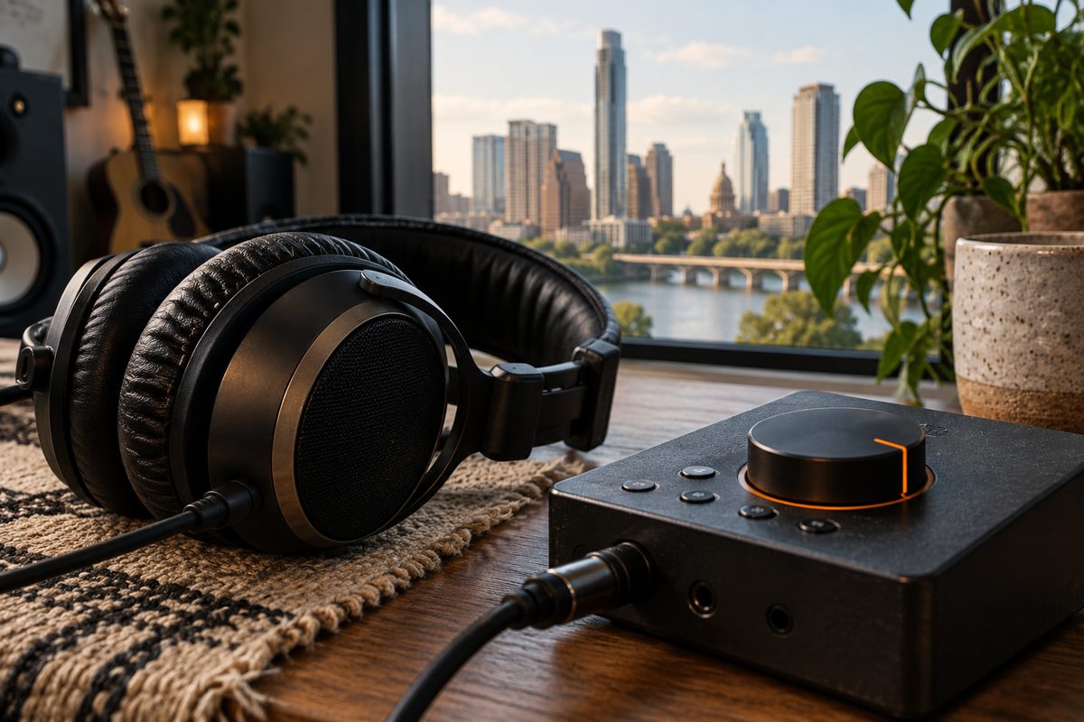 Headphones beside a tactile audio control with an orange mark
